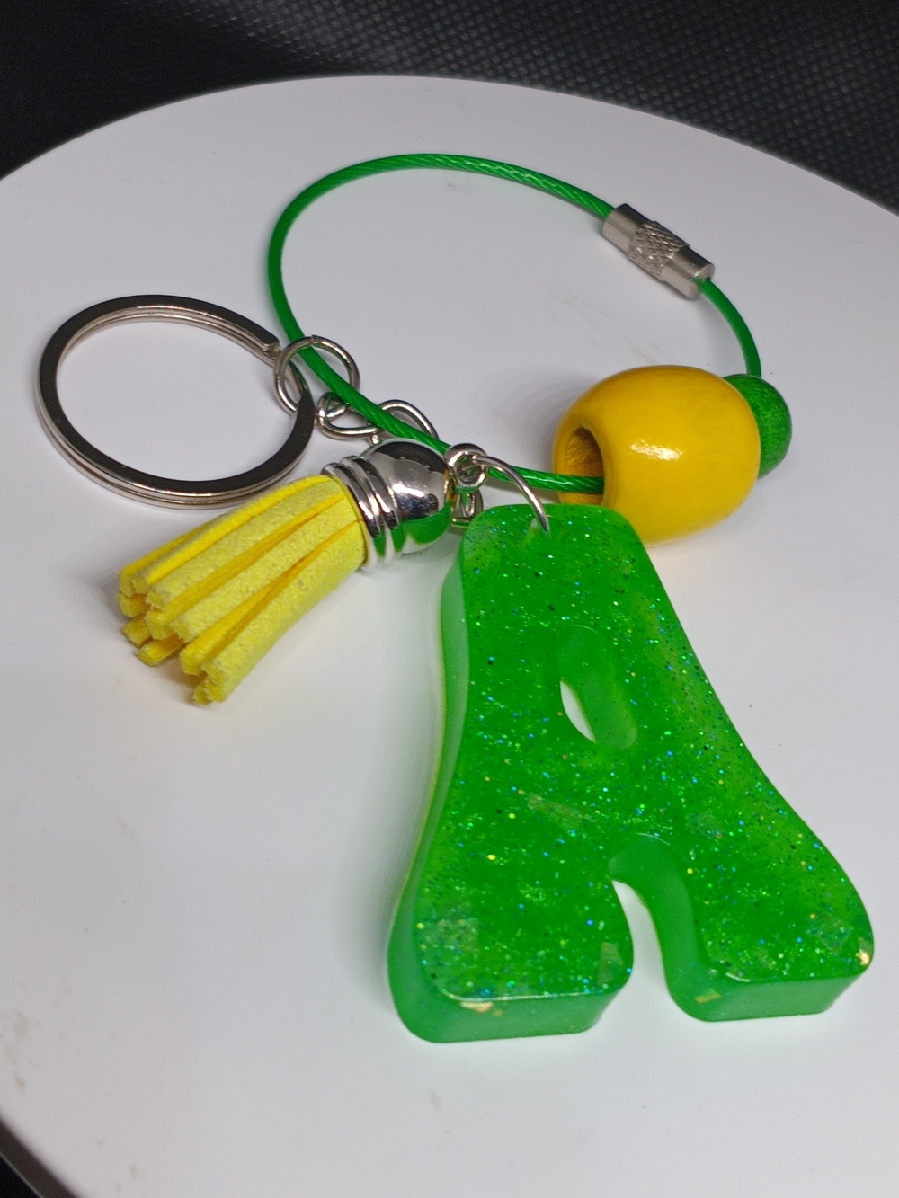 Personalized Green Letter A Keychain with Yellow Tassel